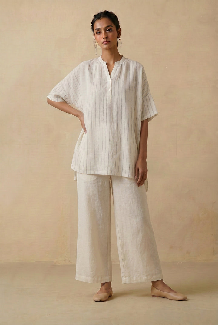 White Embroidered Stripe Pure Linen Shirt