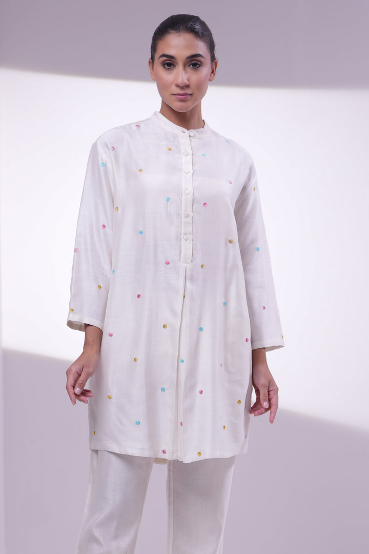 Natural Polka Embroidered Long Chanderi Shirt
