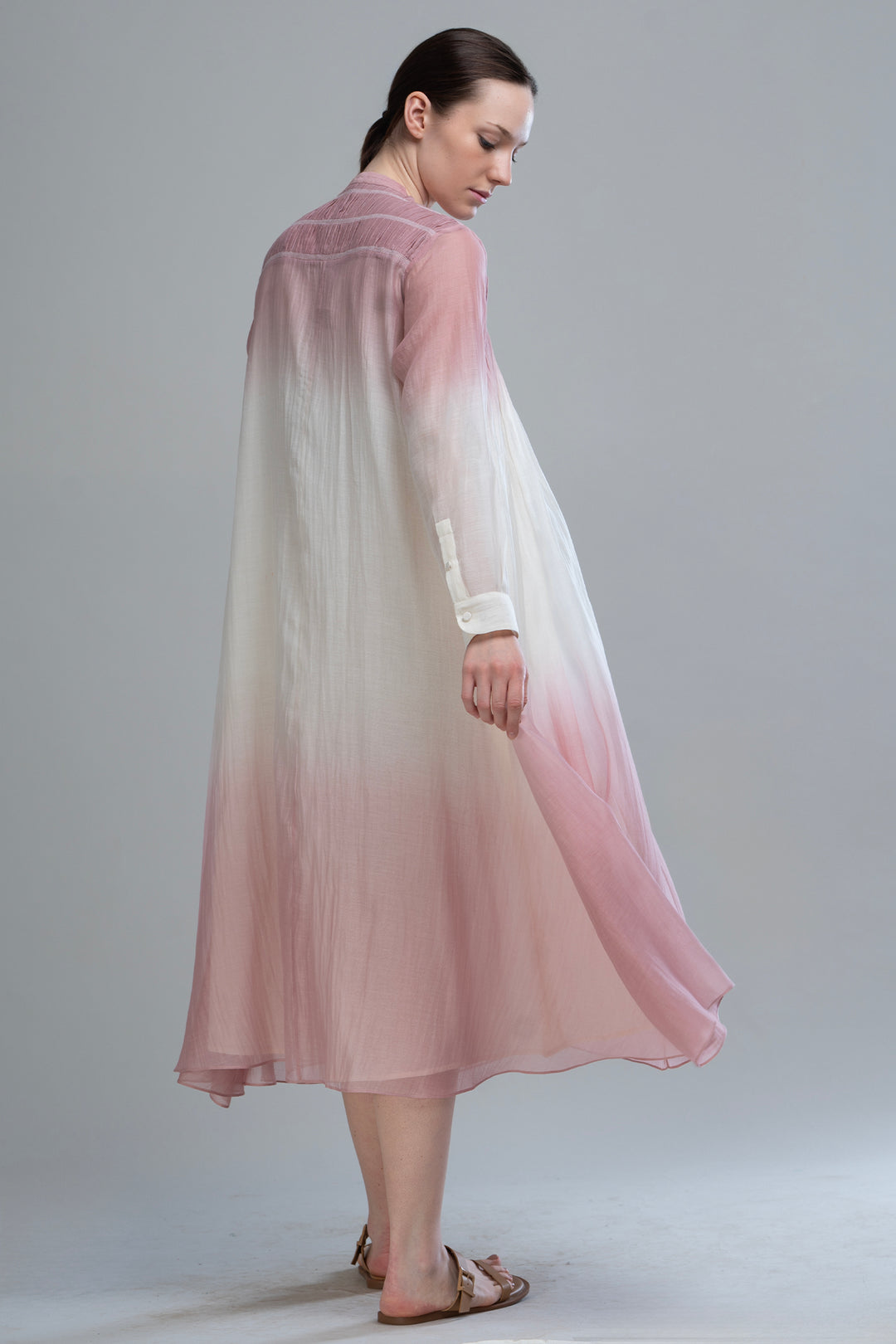 Pink & Ivory Ombre Thread Embroidered Cotton Silk Long Dress