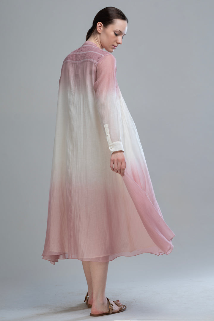 Pink & Ivory Ombre Thread Embroidered Cotton Silk Long Dress
