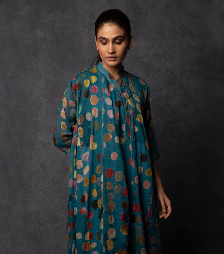 Teal Blue Polka Printed Cotton Choga