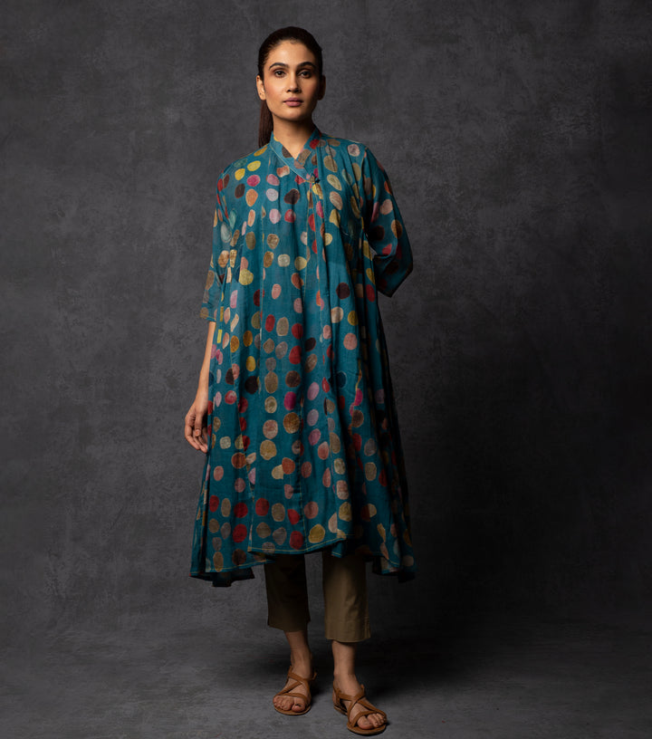 Teal Blue Polka Printed Cotton Choga