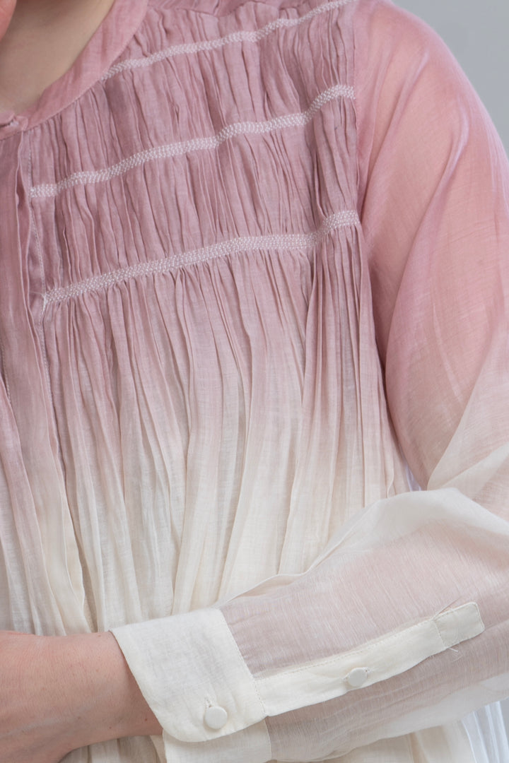 Pink & Ivory Ombre Thread Embroidered Cotton Silk Long Dress