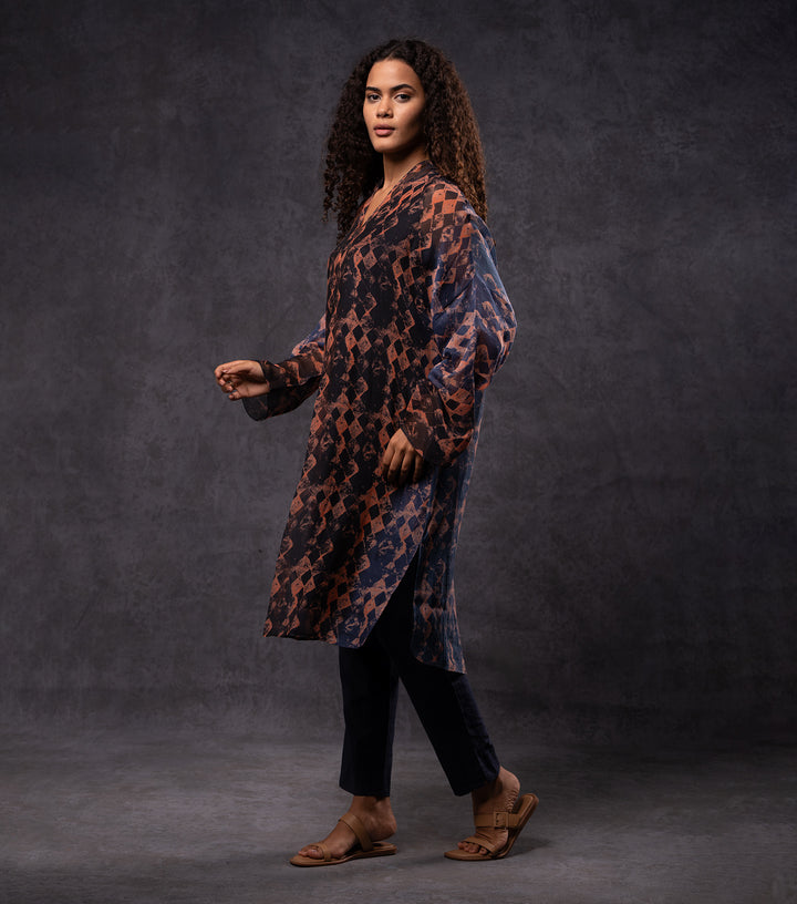 Brick & Black Abstract Printed Cotton Silk Tunic