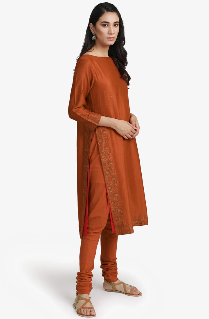 Orange embroidered chanderi kurta set