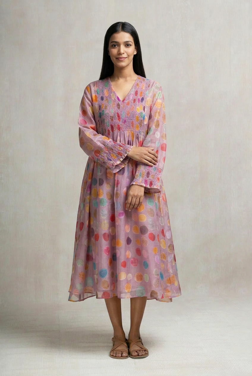Mauve Chanderi Printed Polka Summer Dress