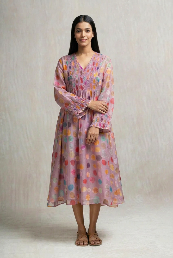 Mauve Chanderi Printed Polka Summer Dress