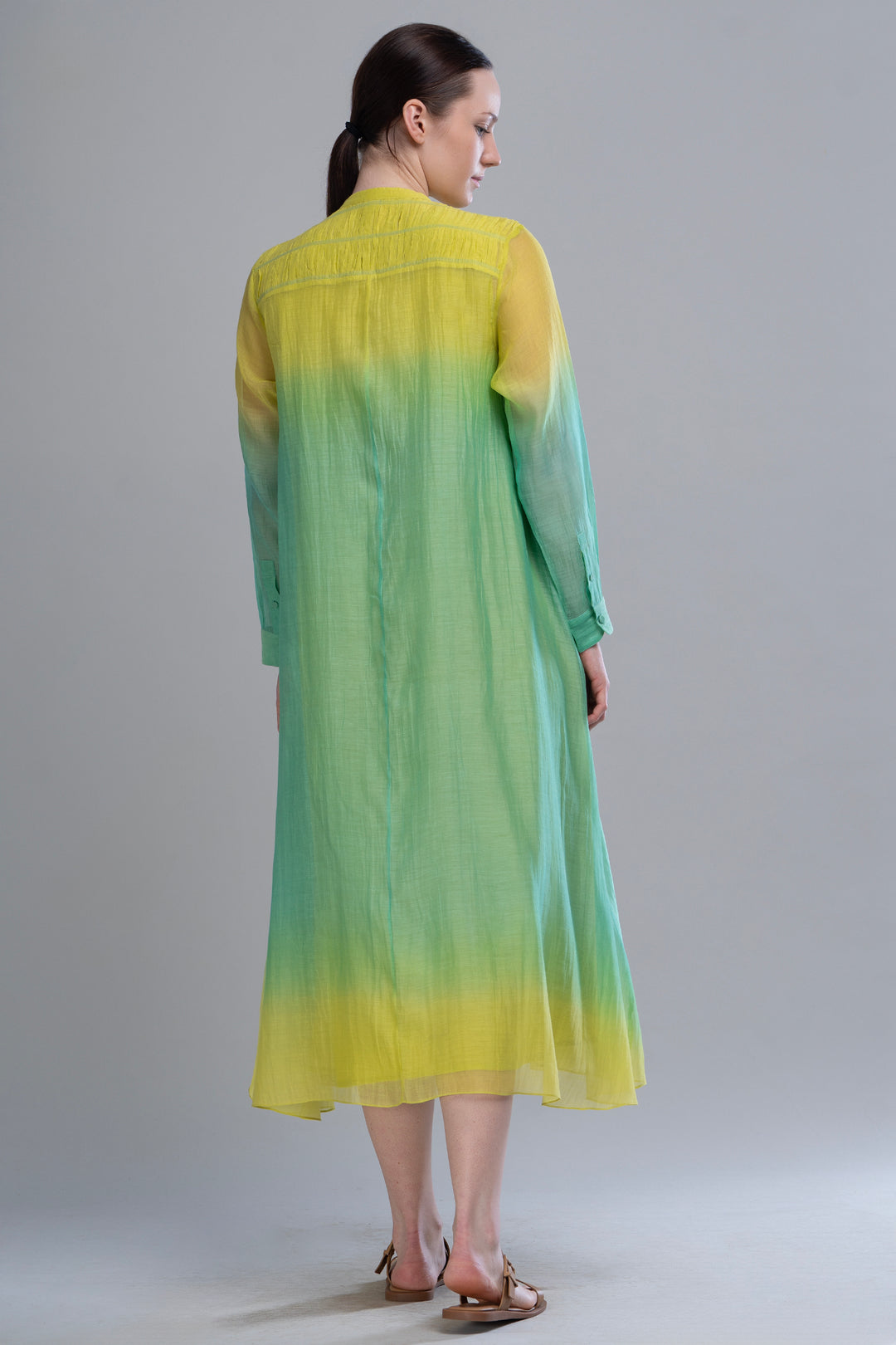 Yellow & Green Ombre Thread Embroidered Cotton Silk Long Dress