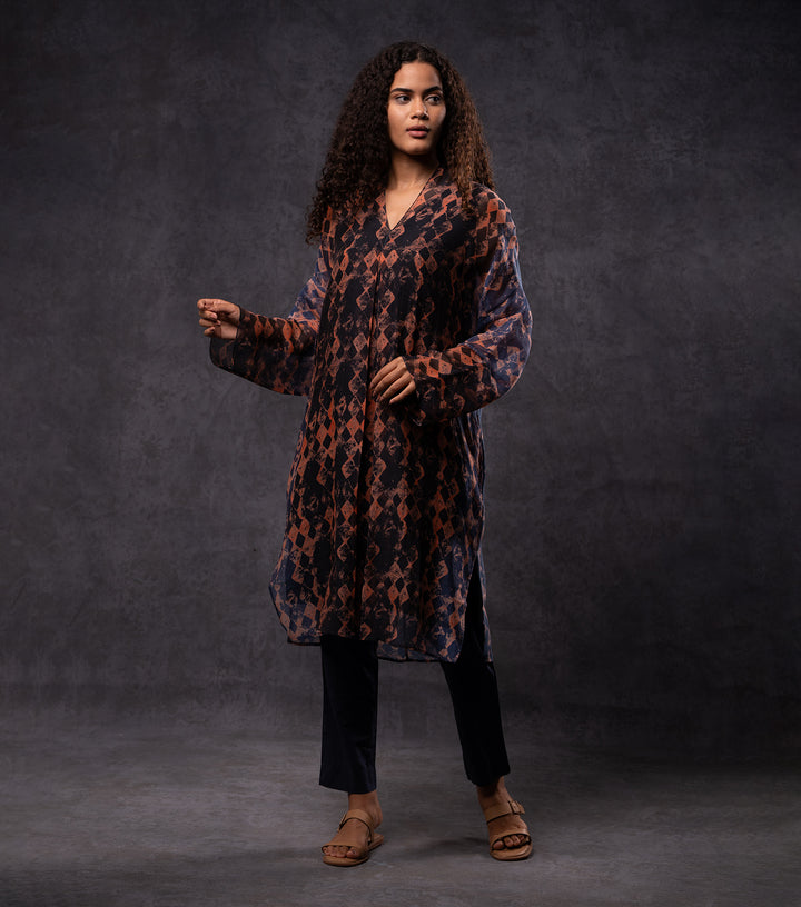 Brick & Black Abstract Printed Cotton Silk Tunic