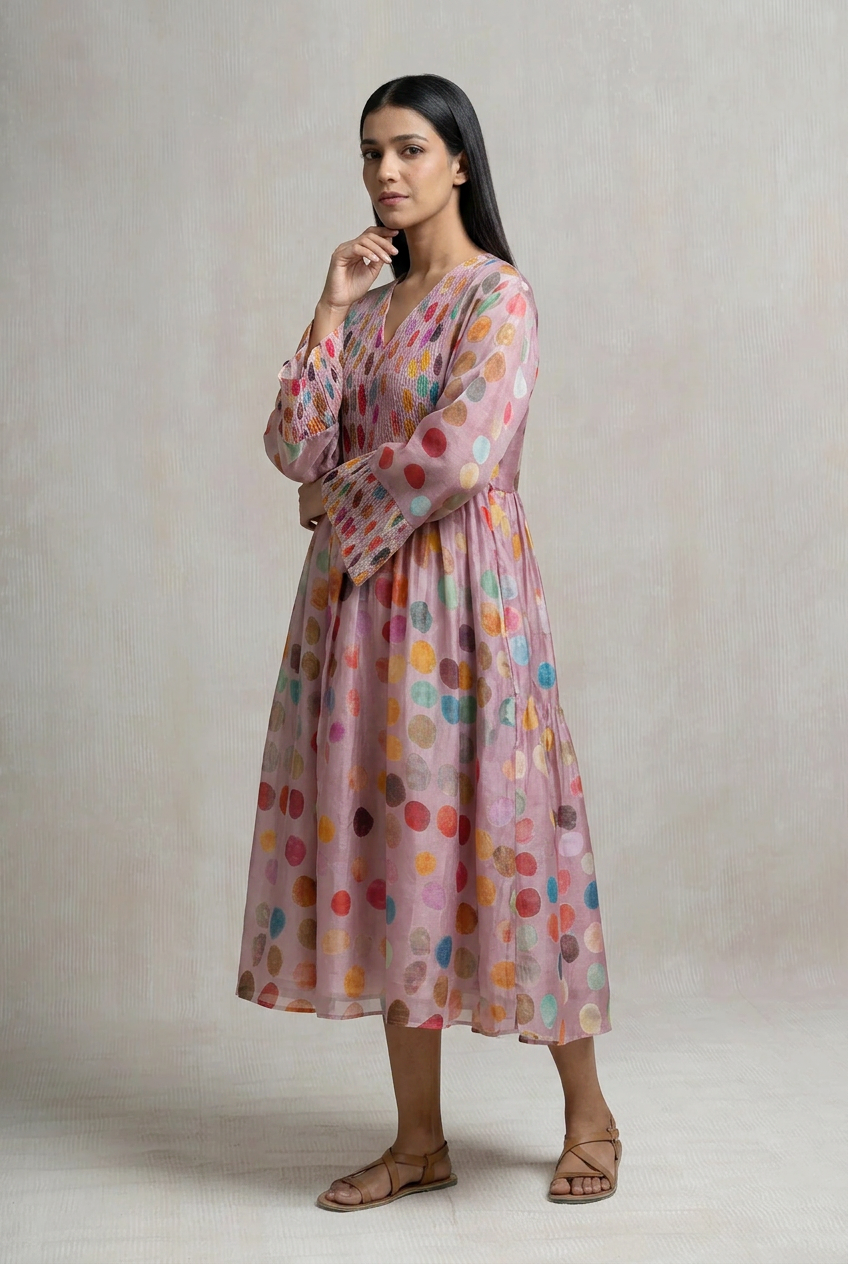 Mauve Chanderi Printed Polka Summer Dress