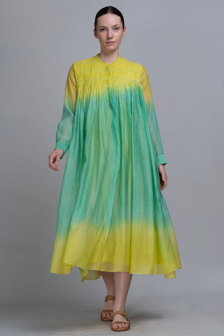Yellow & Green Ombre Thread Embroidered Cotton Silk Long Dress