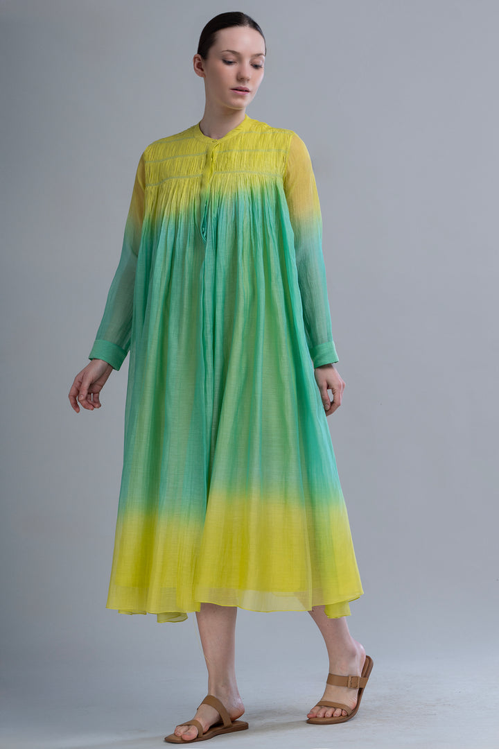 Yellow & Green Ombre Thread Embroidered Cotton Silk Long Dress