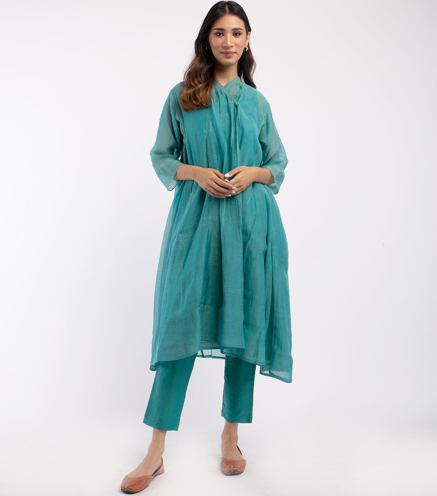 Teal Blue embroidered Chanderi choga