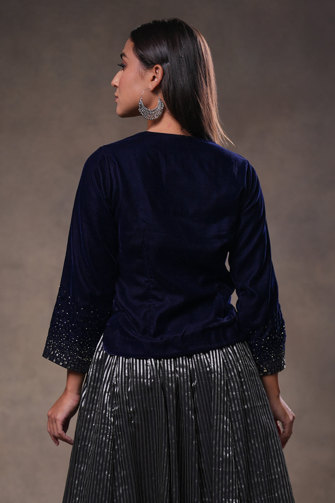 Navy Hand Embroidered Velvet Blouse