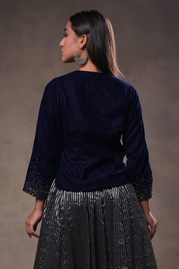 Navy Hand Embroidered Velvet Blouse