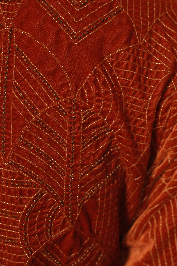 Orange Hand Embroidered Velvet Kurta with Pants and Organza Dupatta