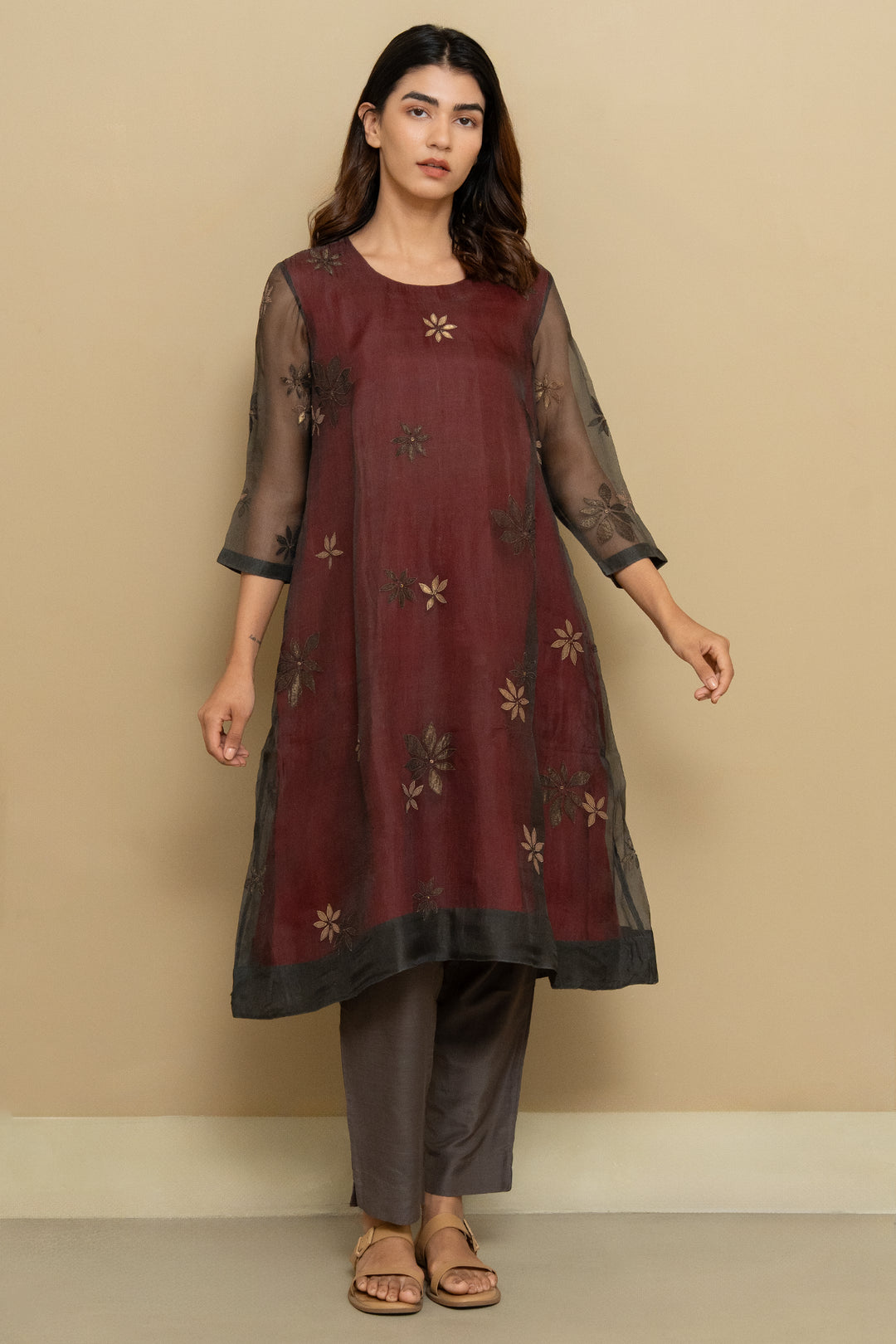 Maroon organza embroidered kurta set