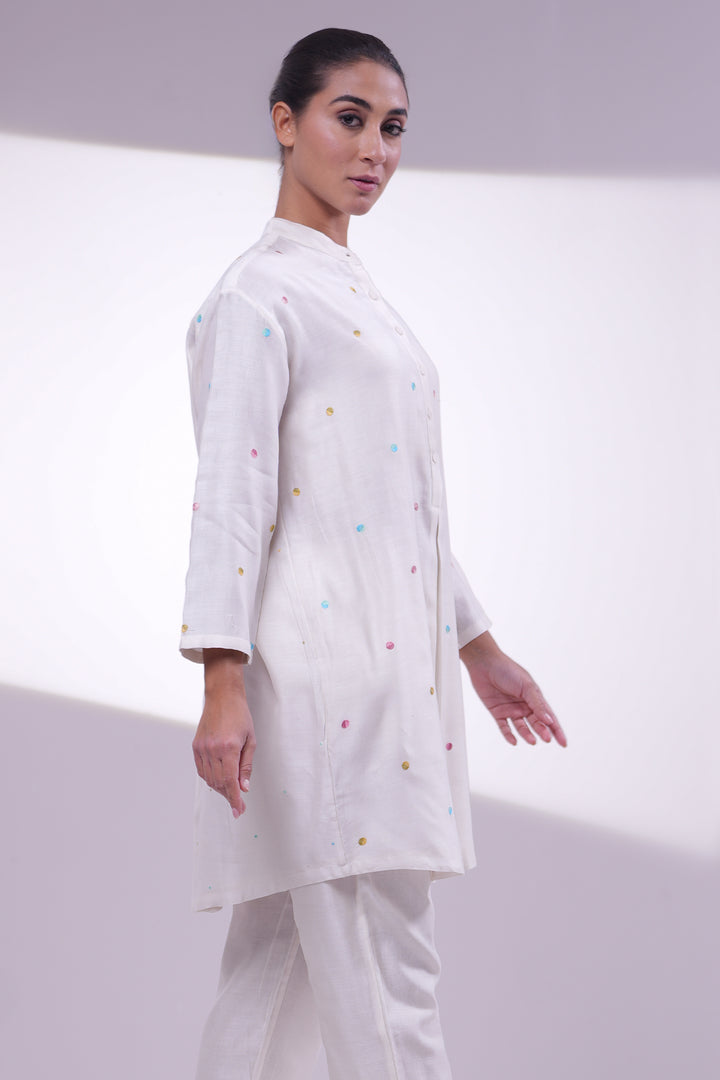 Natural Polka Embroidered Long Chanderi Shirt