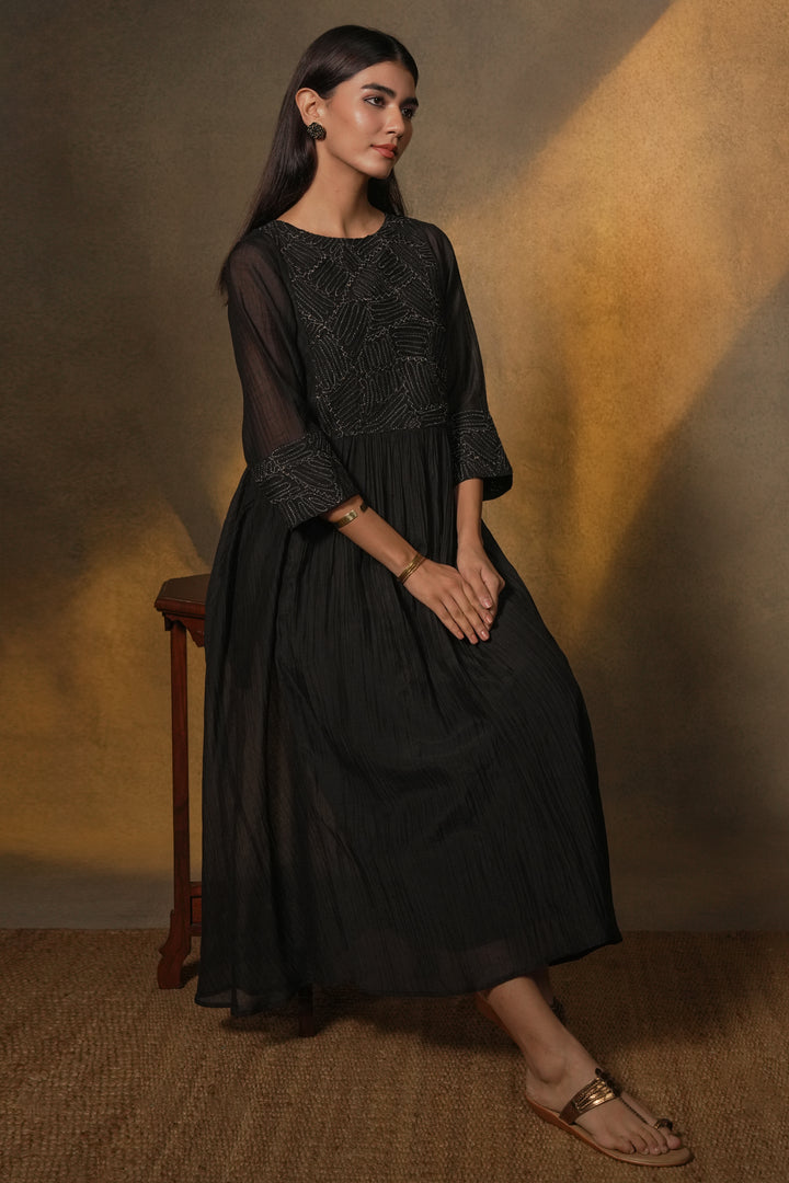 Black Textured Embroidered Chanderi Dress
