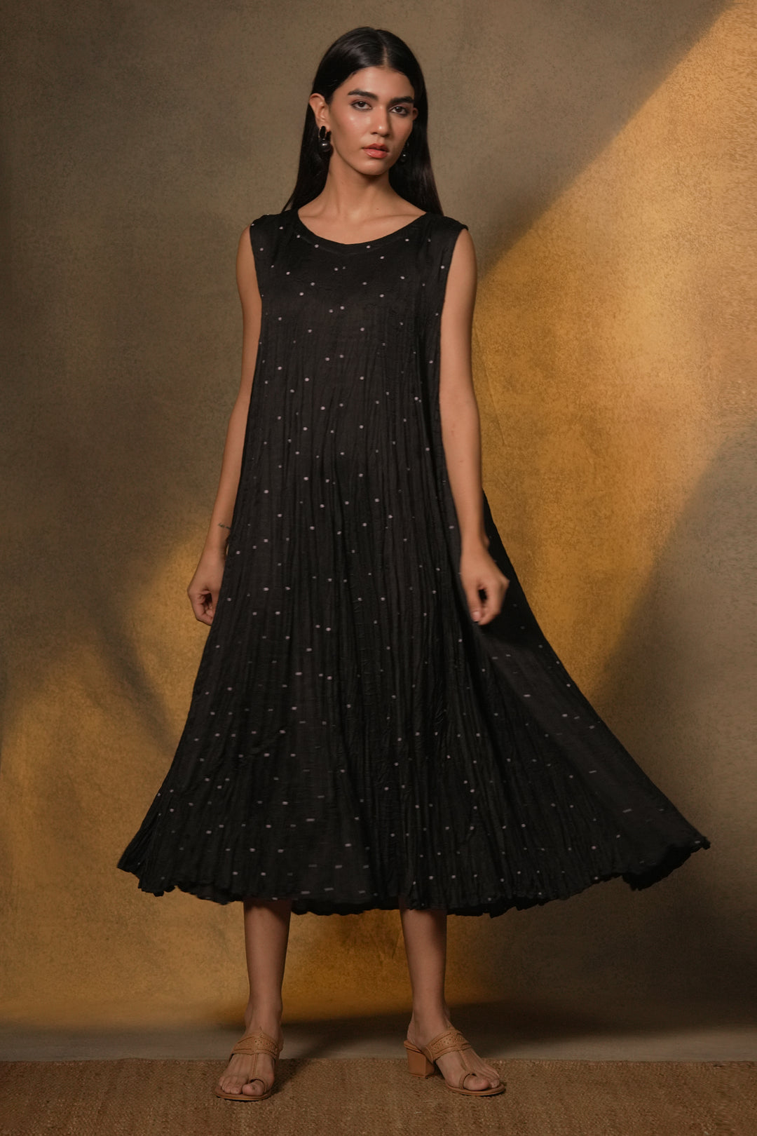 Black Dress with Patch Embroidered Cotton Silk Jacket