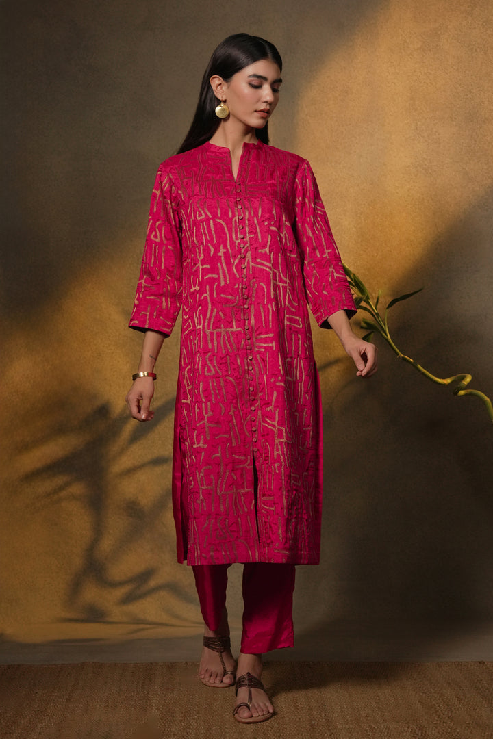 Hot Pink Patch Work Embroidered Silk Kurta with Pants