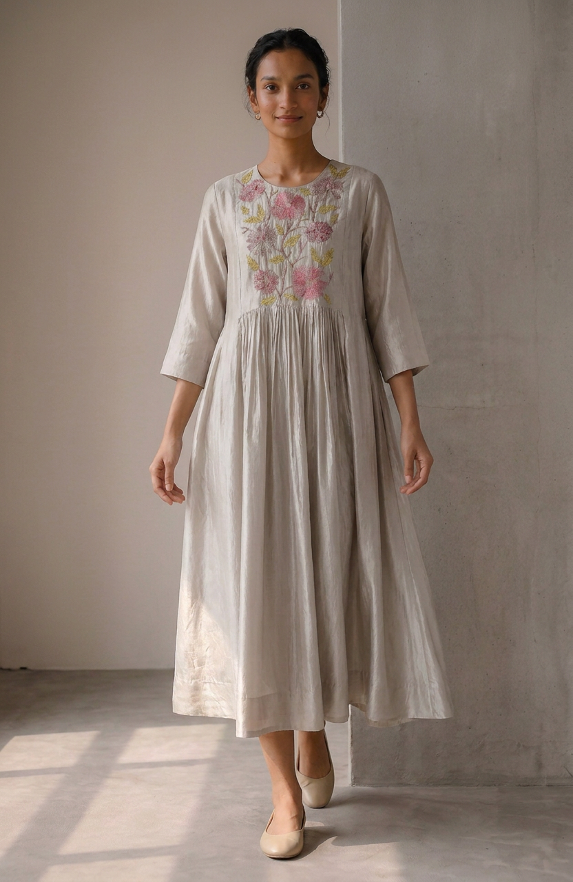 Ivory Embroidered Silk Dress