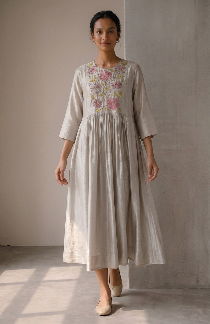 Ivory Embroidered Silk Dress