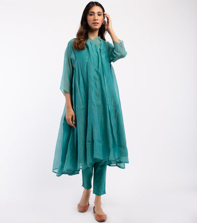 Teal Blue embroidered Chanderi choga