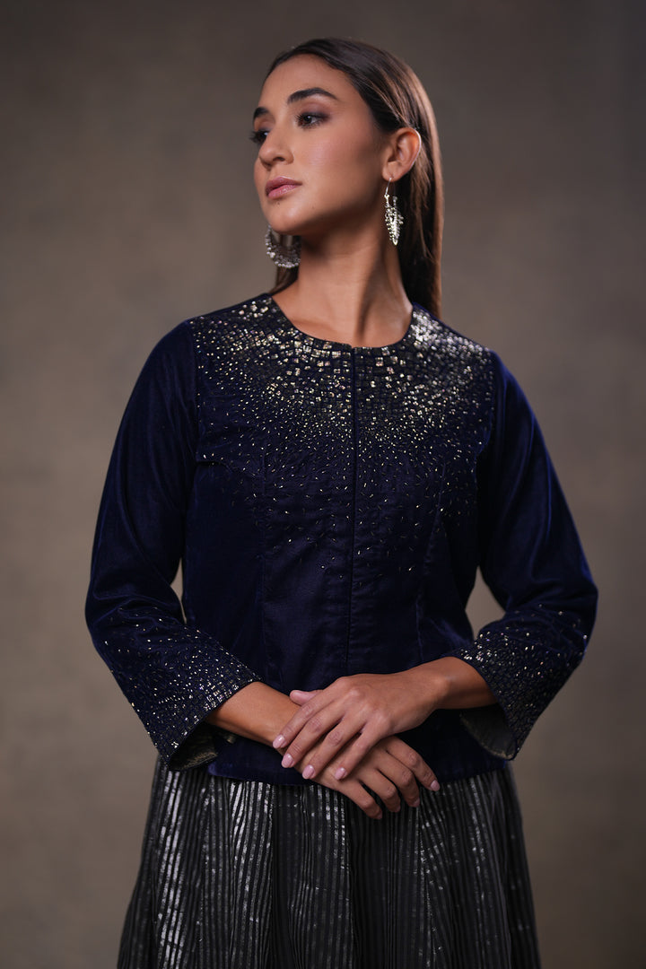 Navy Hand Embroidered Velvet Blouse