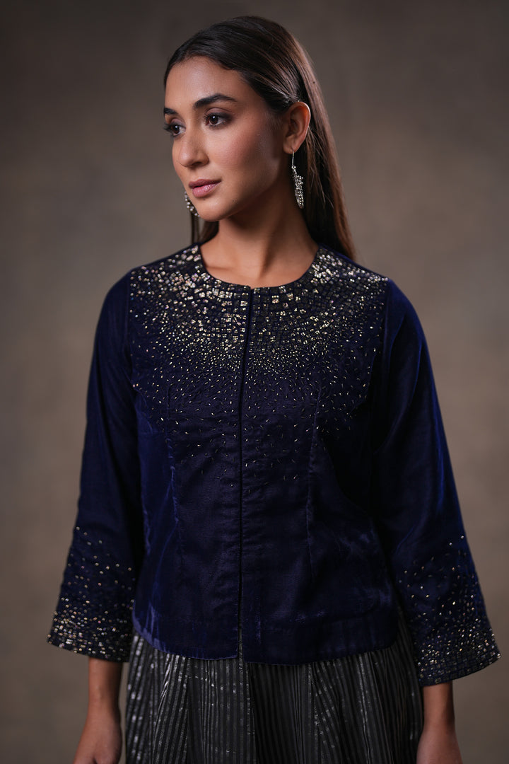 Navy Hand Embroidered Velvet Blouse
