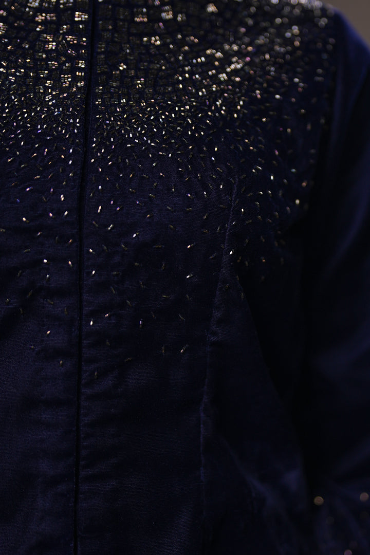 Navy Hand Embroidered Velvet Blouse