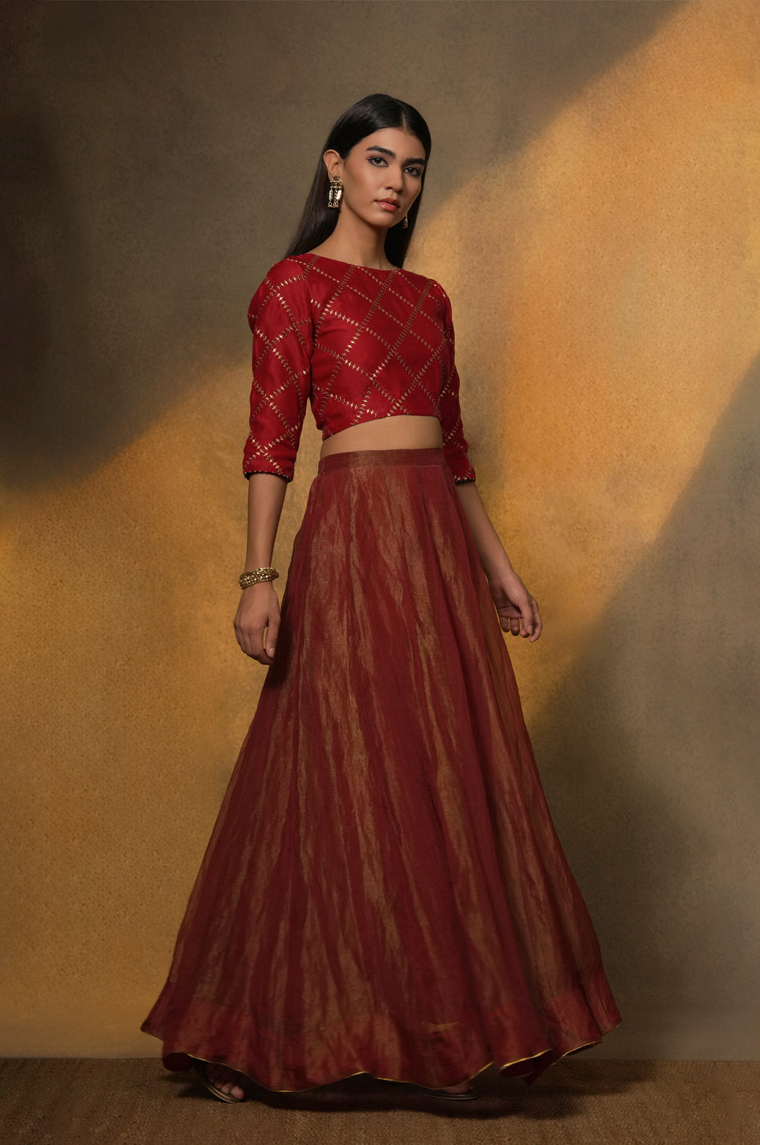 Maroon Embroidered Tissue Lehenga with Chanderi Blouse & Organza Dupatta