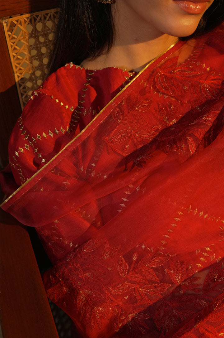 Maroon Embroidered Tissue Lehenga with Chanderi Blouse & Organza Dupatta