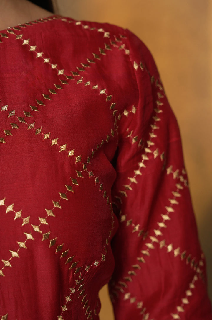 Maroon Embroidered Tissue Lehenga with Chanderi Blouse & Organza Dupatta