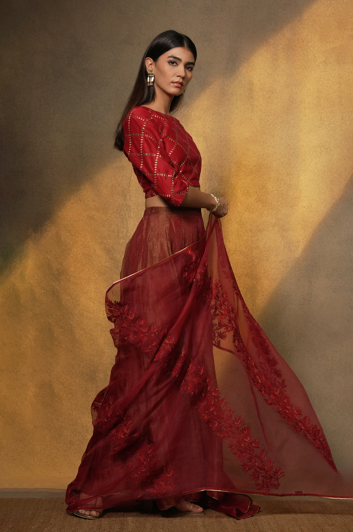 Maroon Embroidered Tissue Lehenga with Chanderi Blouse & Organza Dupatta