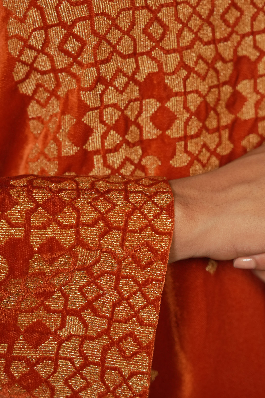 Orange Velvet Kurta with Pants and Tissue Dupatta