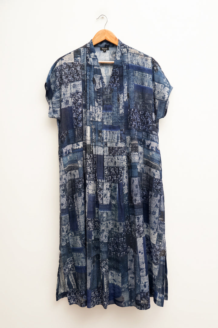 Navy Mosaic Print Cotton Dress