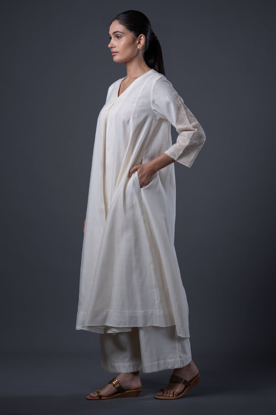 Natural Embroidered Chanderi Kurta