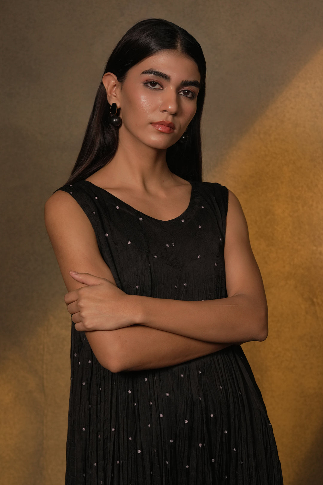 Black Dress with Patch Embroidered Cotton Silk Jacket