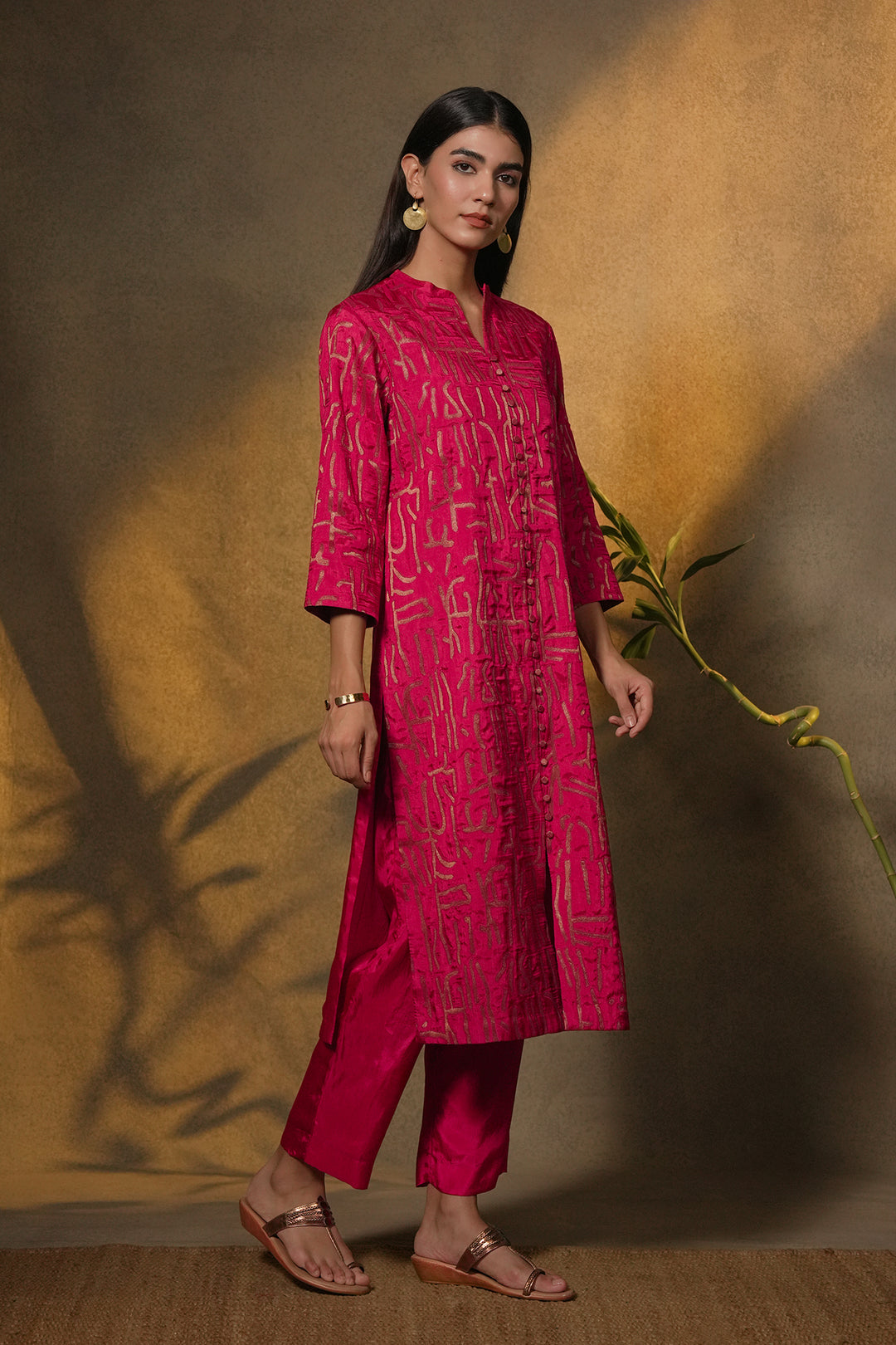 Hot Pink Patch Work Embroidered Silk Kurta with Pants
