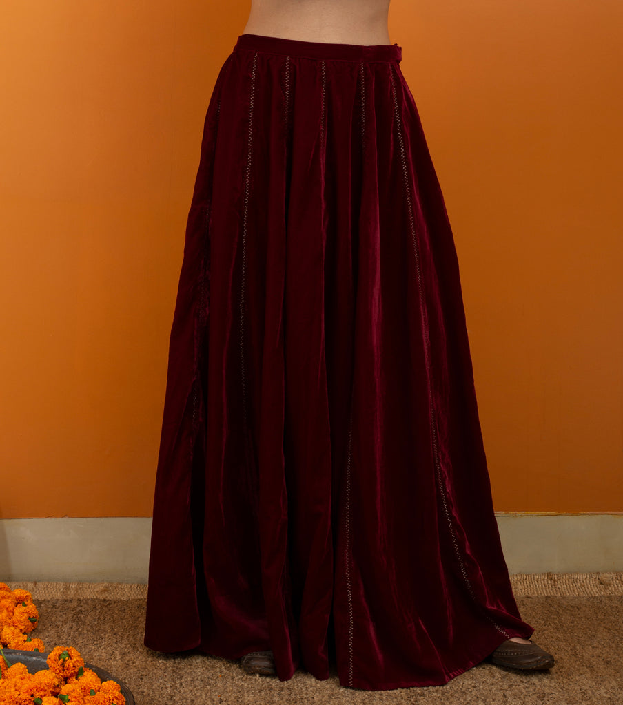 Maroon Maxi Skirt Velvet Maroon Zari Embroidered Velvet Skirt