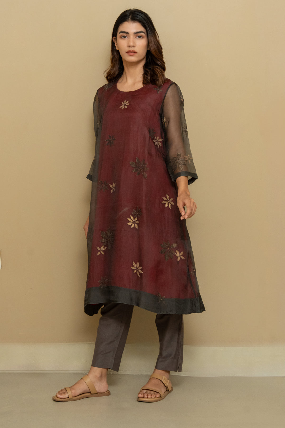 Maroon organza embroidered kurta set