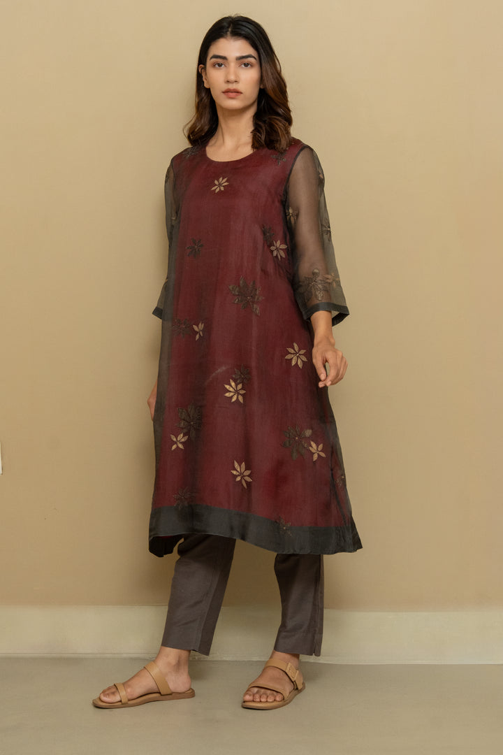 Maroon organza embroidered kurta set