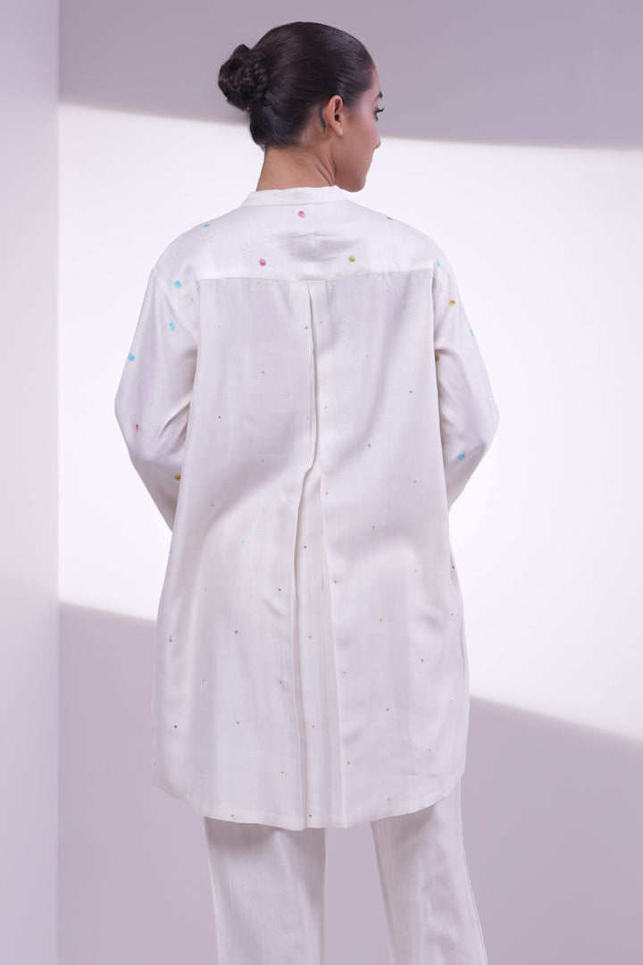 Natural Polka Embroidered Long Chanderi Shirt