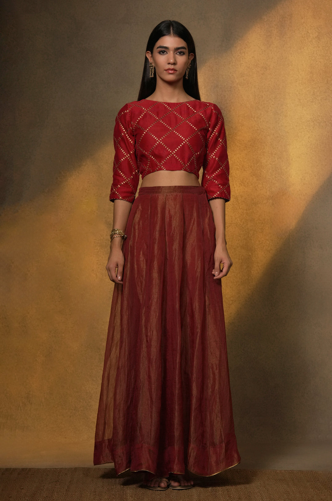 Maroon Embroidered Tissue Lehenga with Chanderi Blouse & Organza Dupatta
