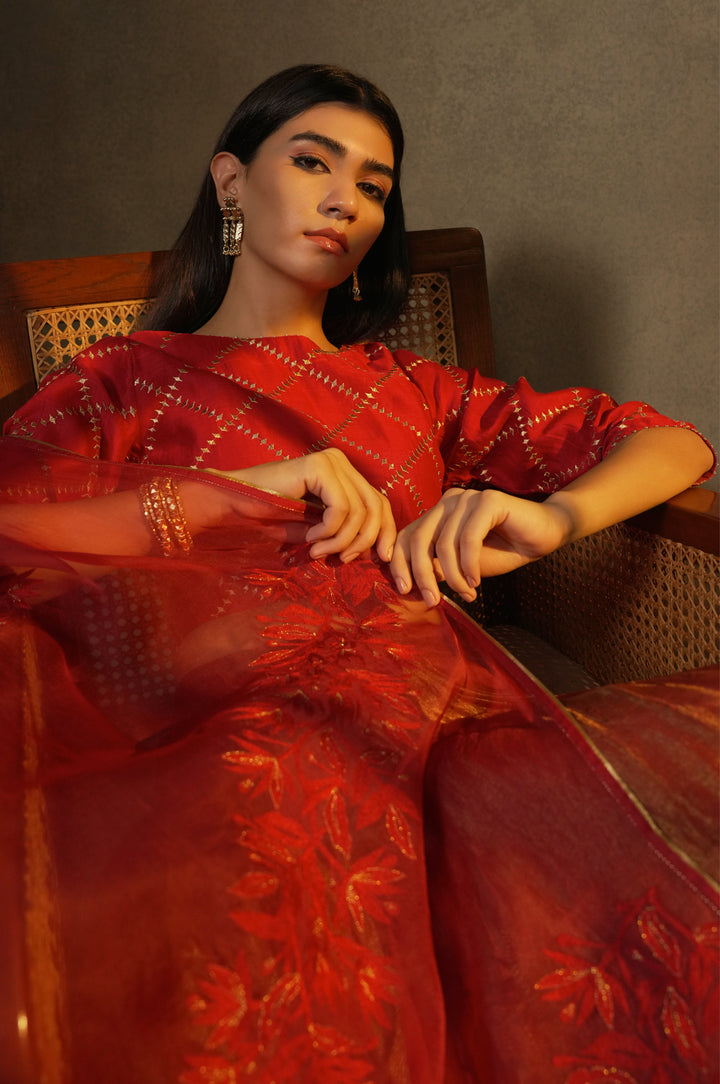 Maroon Embroidered Tissue Lehenga with Chanderi Blouse & Organza Dupatta