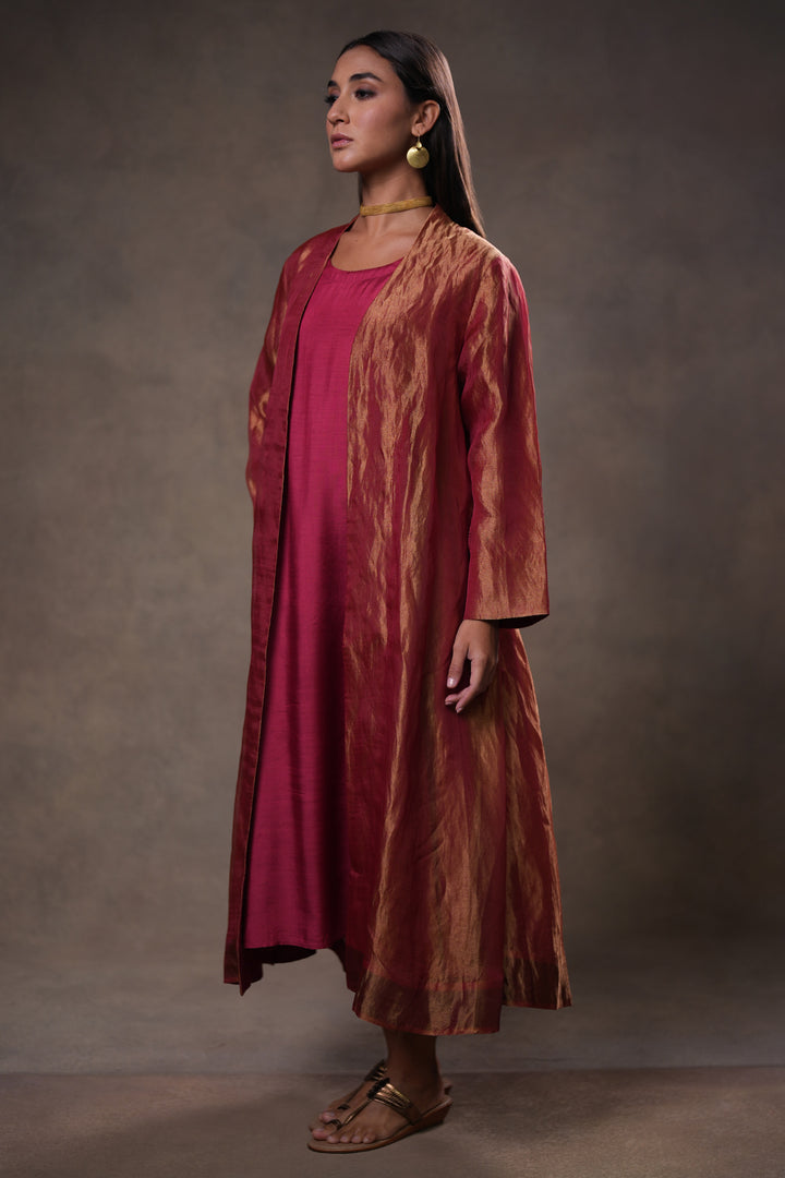 Maroon/Gold Tissue Jacket with Cotton Silk Slip