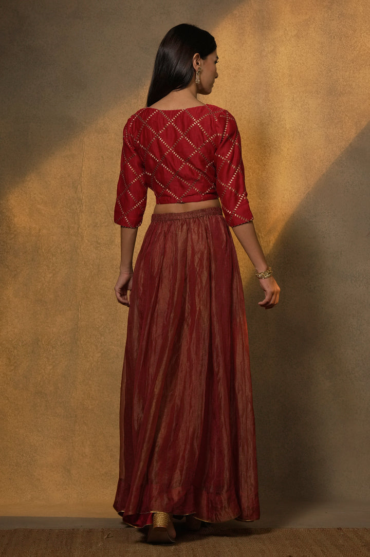 Maroon Embroidered Tissue Lehenga with Chanderi Blouse & Organza Dupatta