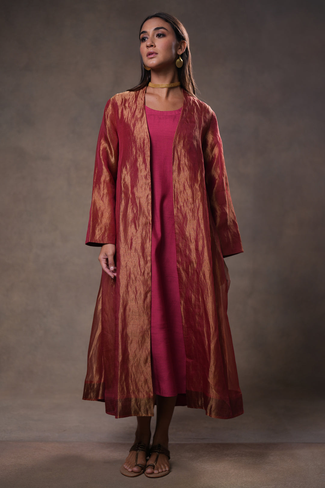 Maroon/Gold Tissue Jacket with Cotton Silk Slip
