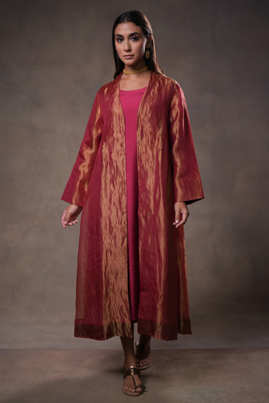 Maroon Tissue Jacket with Cotton Silk Slip